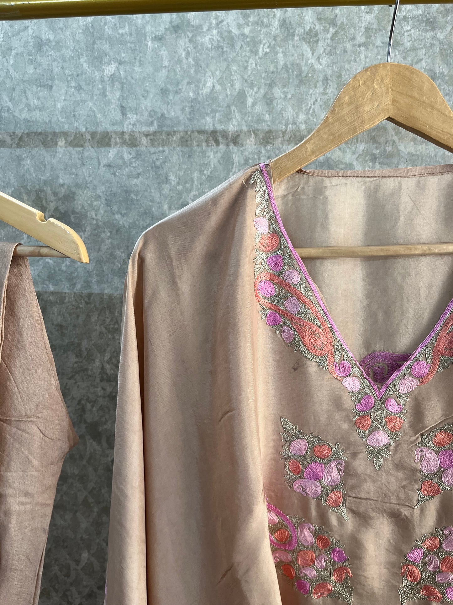 Beige Opada Silk Kashmiri Kaftan Set