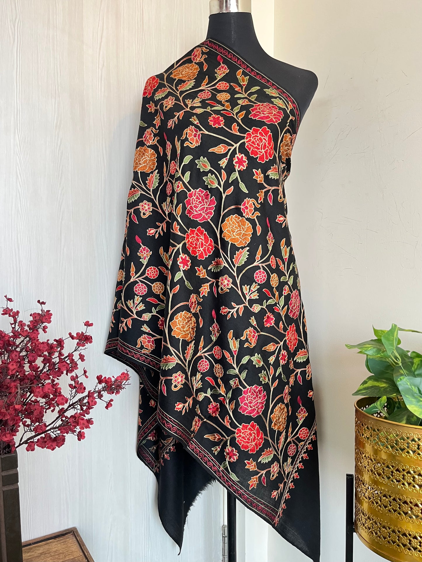 Black Pure Wool Silk Thread Embroidered stole