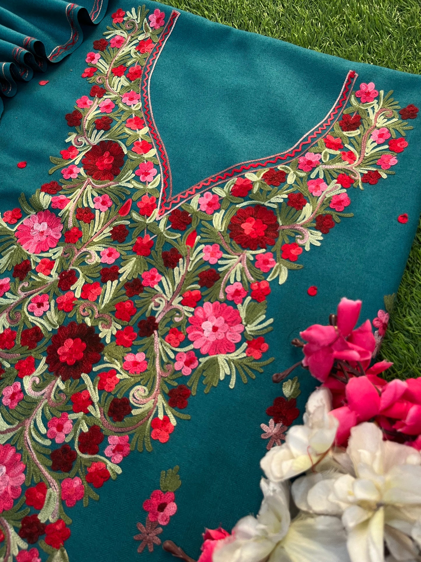 Teal Green Woollen Aari Embroidered 3pc suit