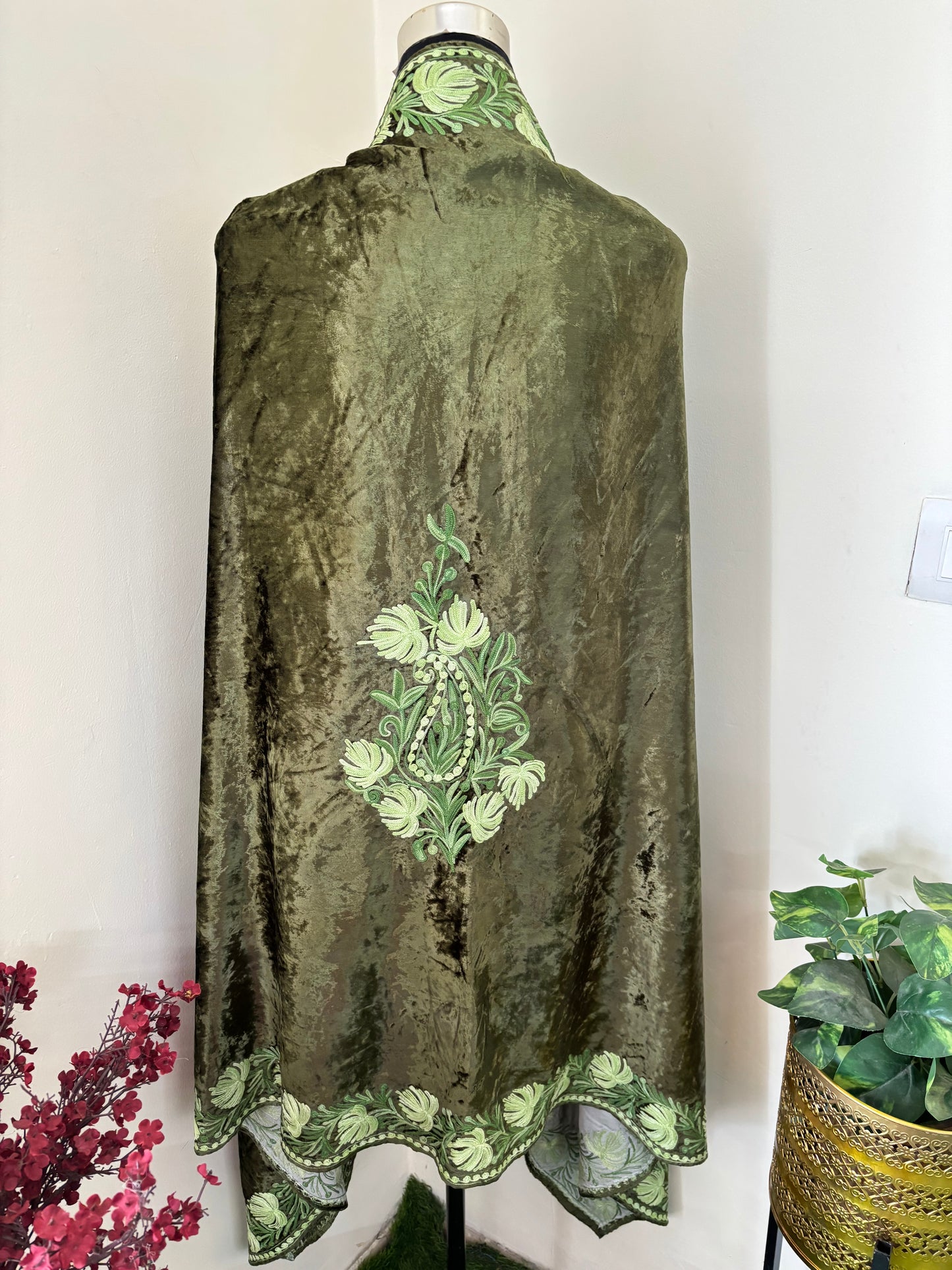 Olive Green Aari Embroidered Makhmal Cape