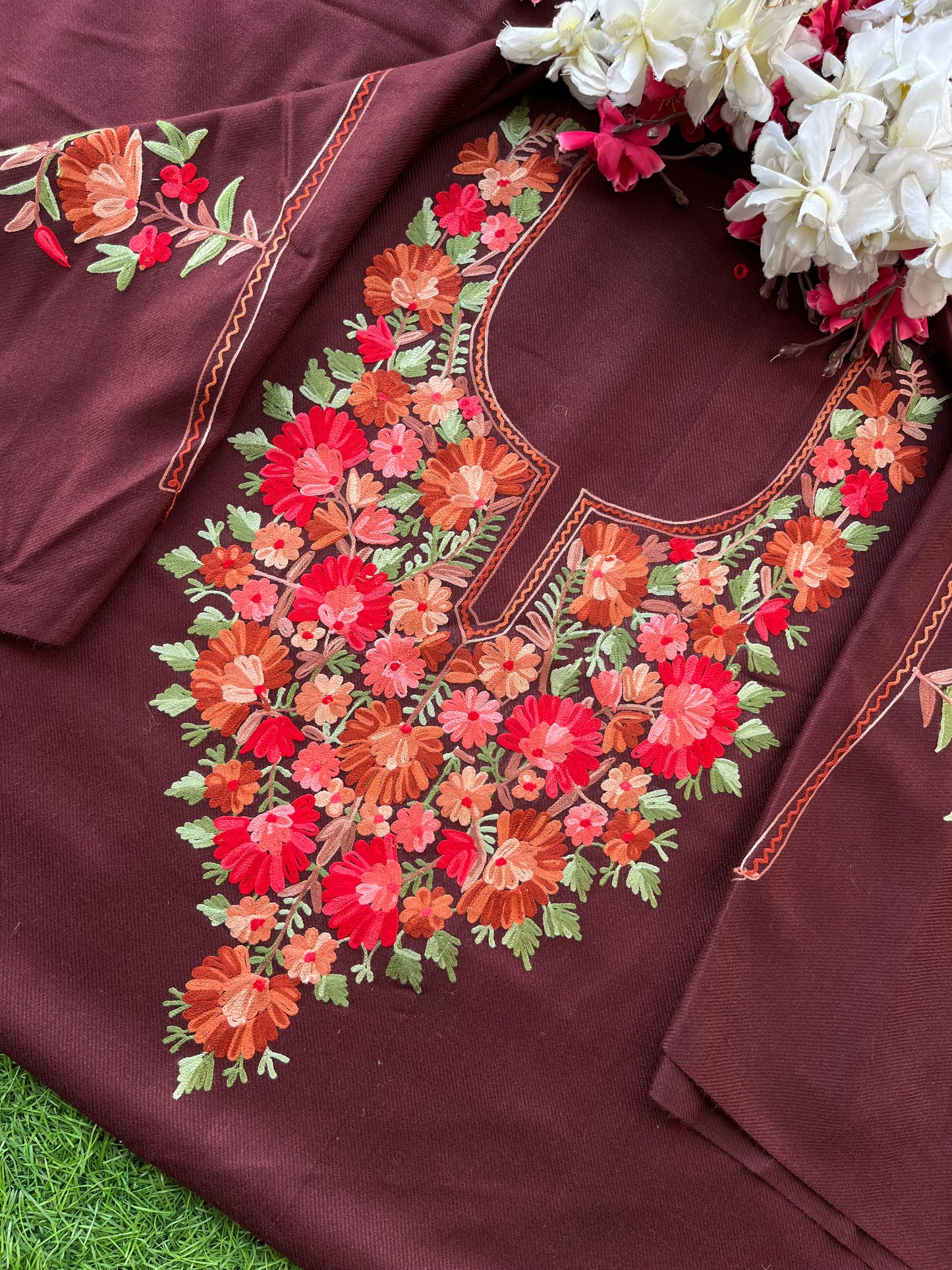 Brown Woollen Aari Embroidered 2pc suit 5mtr