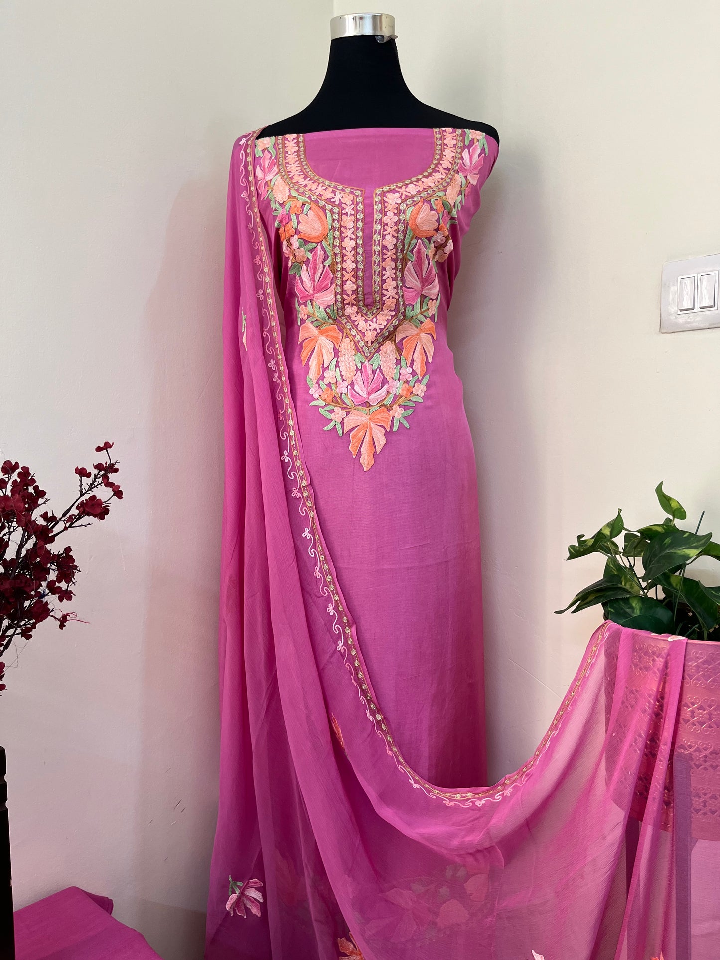 Mauve Opada Silk Aari Embroidered Suit material