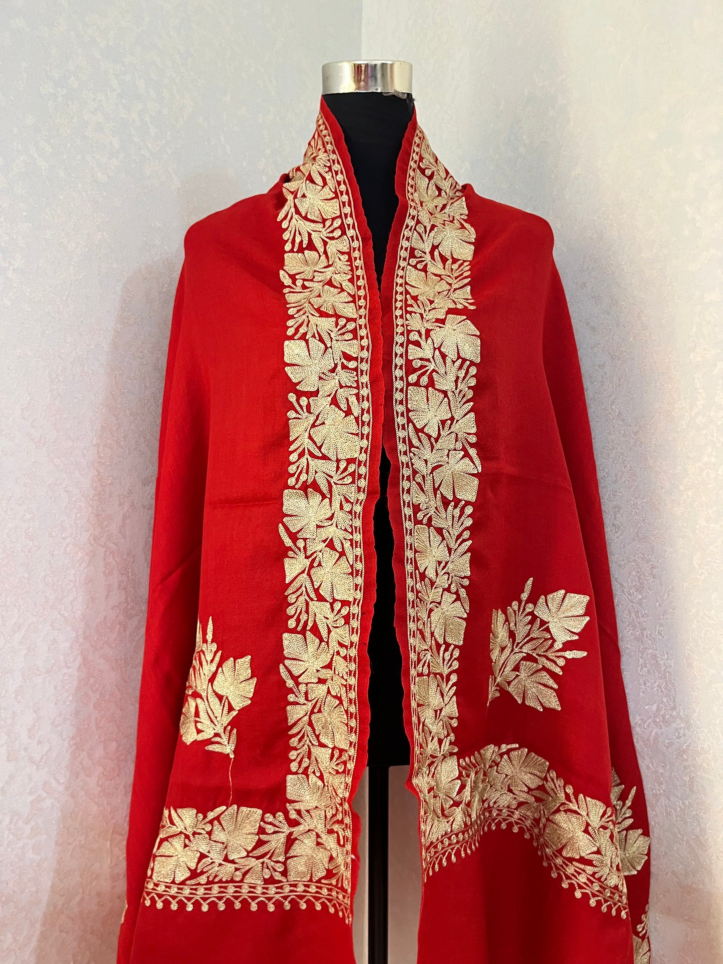 Red Semi Pashmina Tilla Embroidered stole
