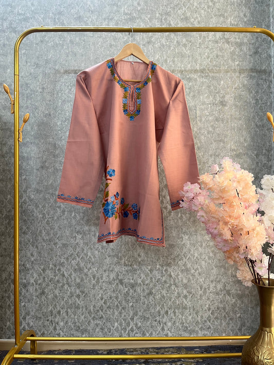 Soft Pink Cotton Aari Work Kurta