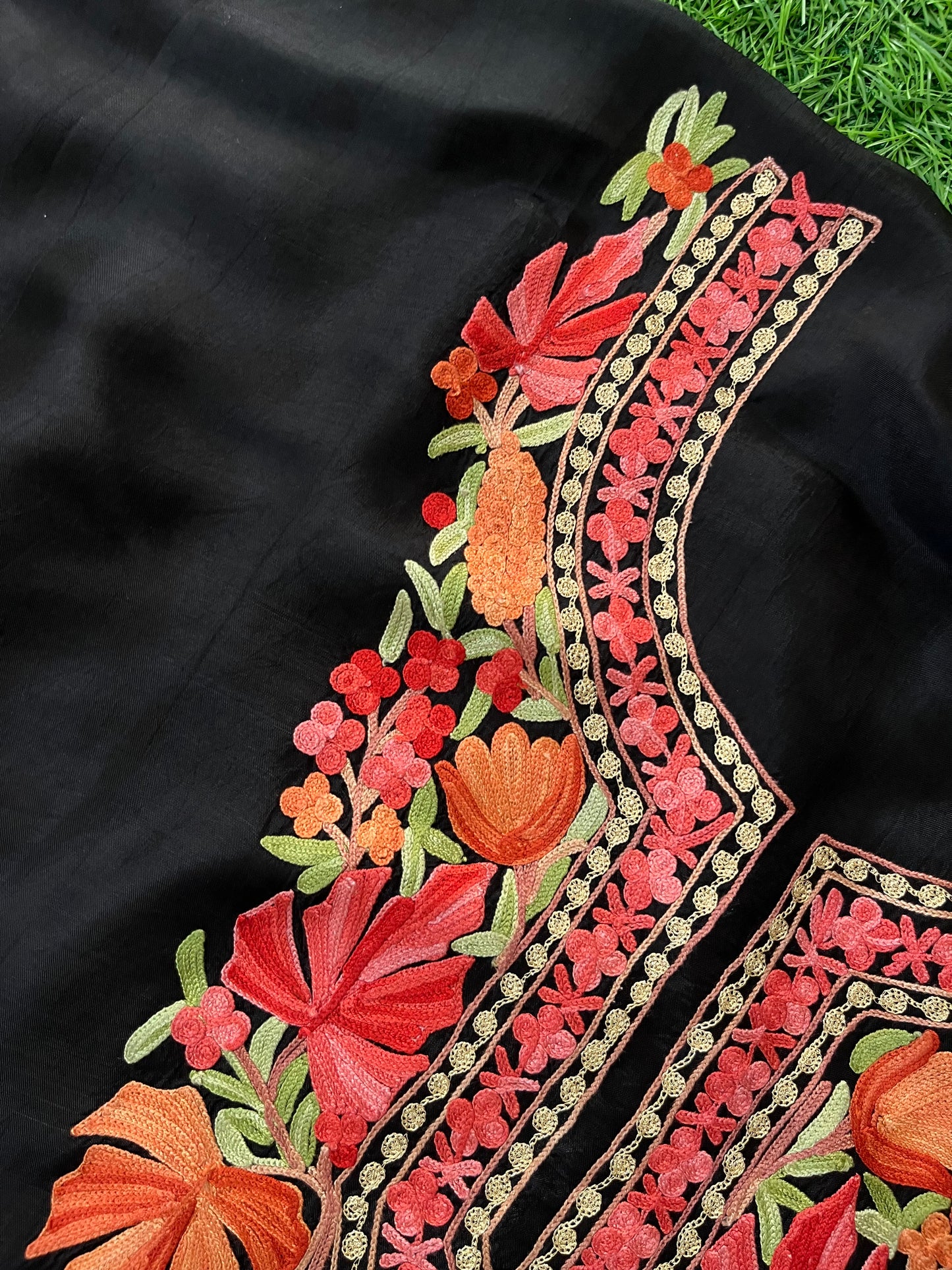 Black Opada Silk Aari Embroidered Suit material