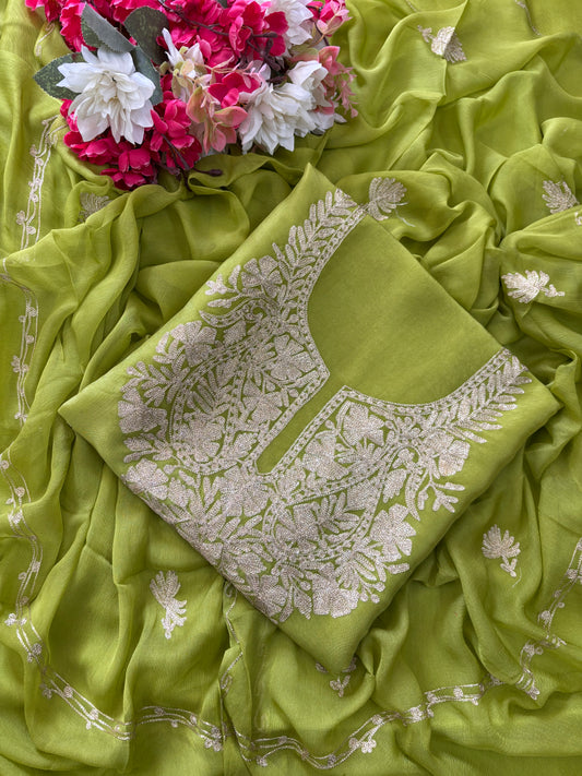 Sanam’ Lawn Green Silk Tilla Kashmiri Suit