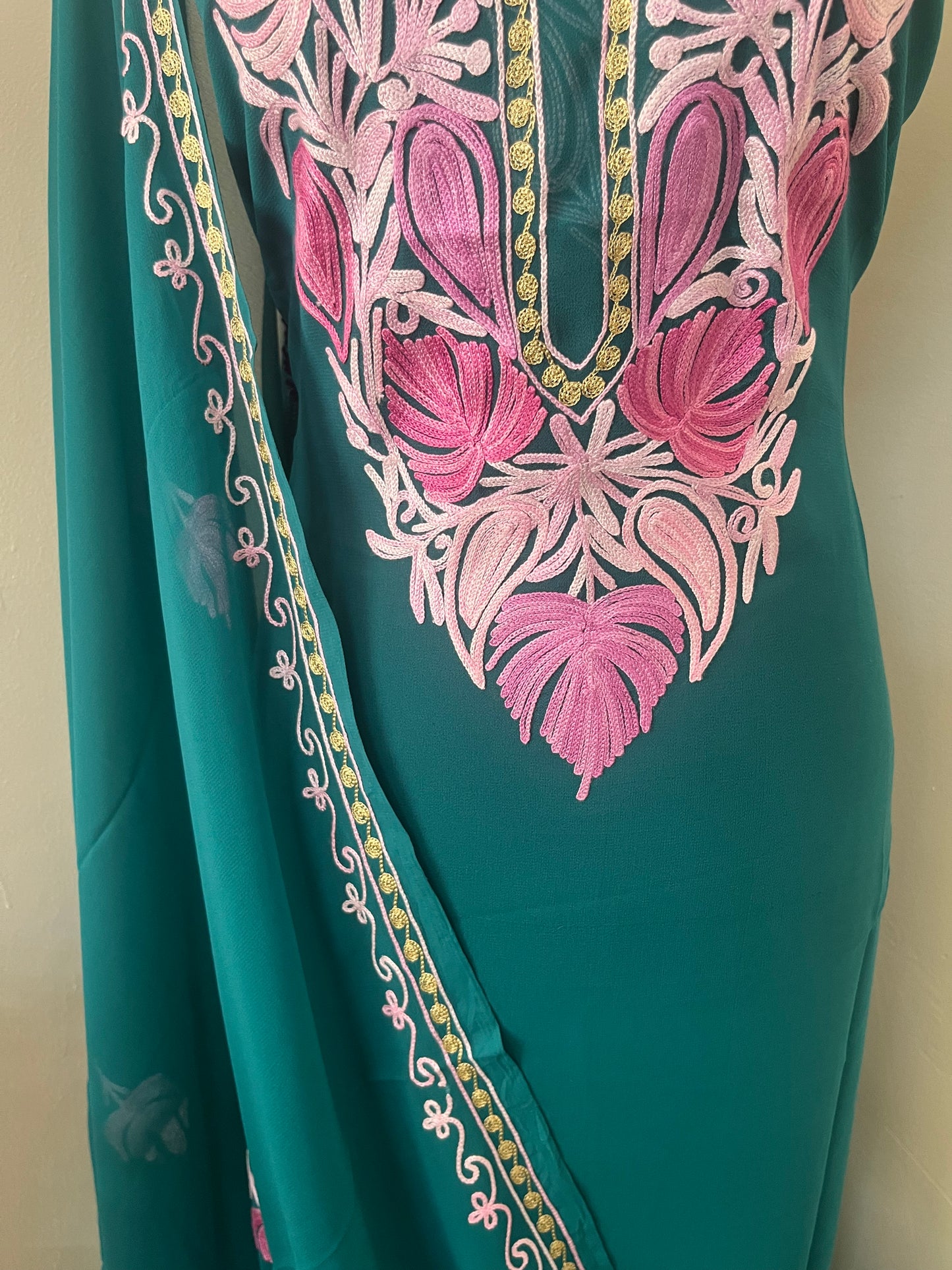 Sky Green Georgette Shirt and Dupatta Aari Embroidered Suit