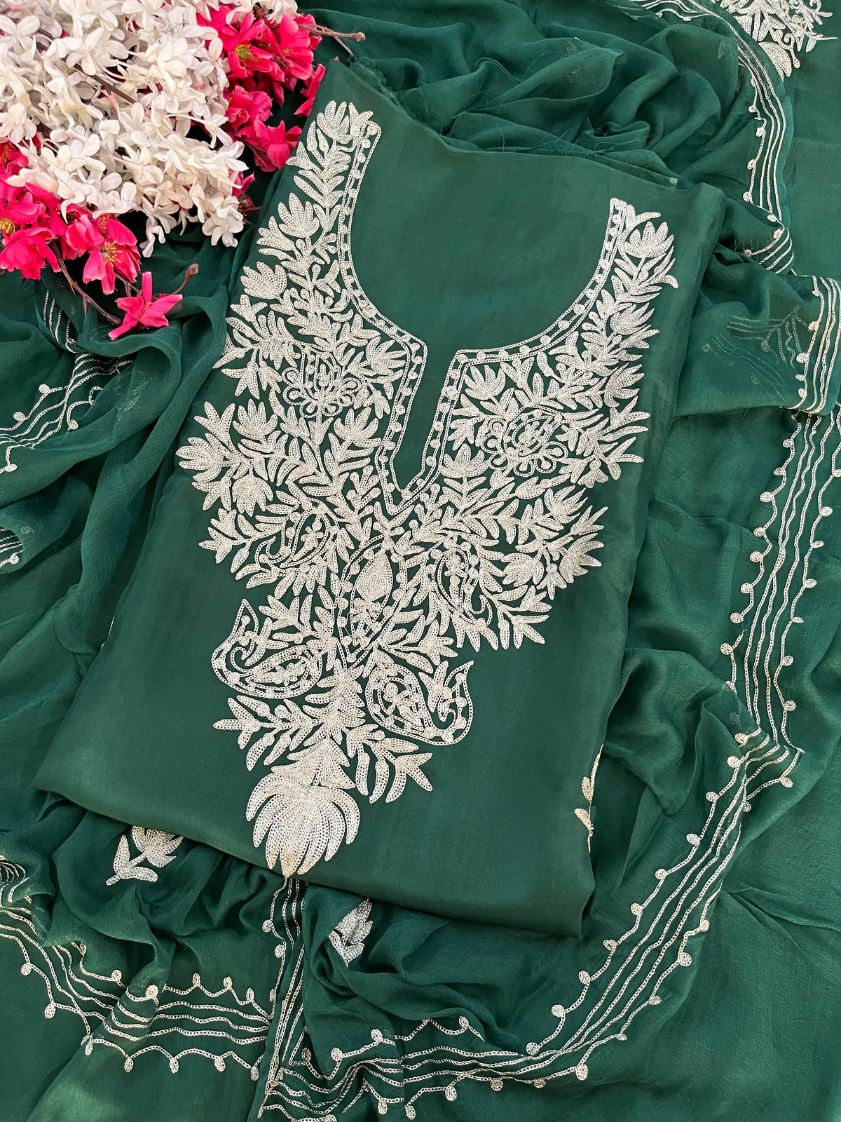 Green Silk Tilla Kashmiri Suit