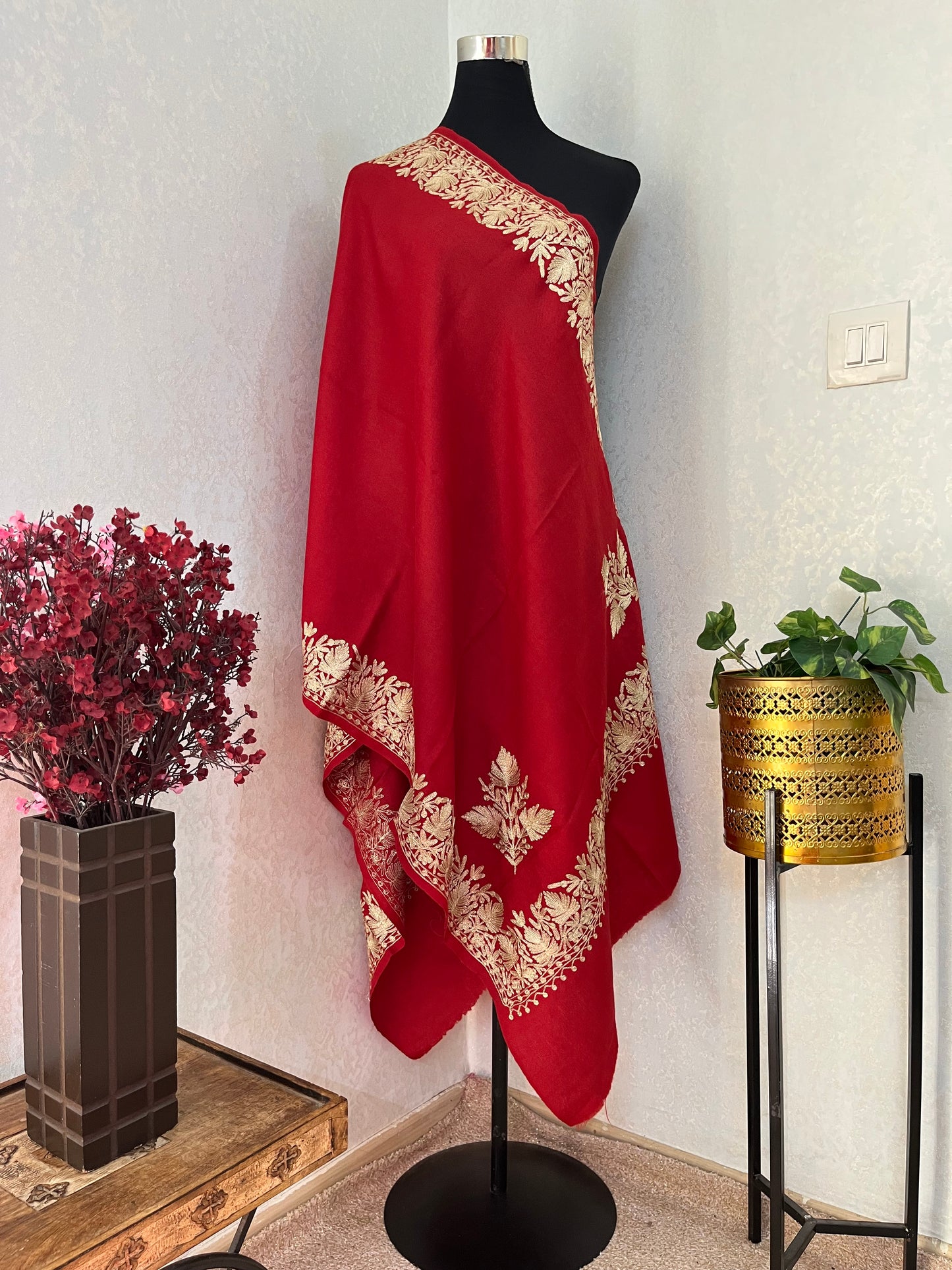 Maroon Semi Pashmina Tilla Embroidered stole