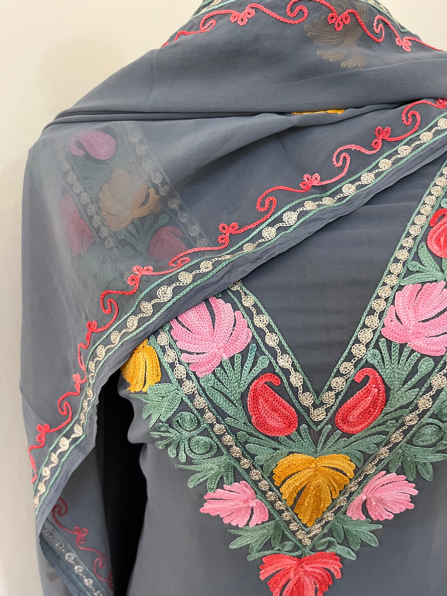 Grey Georgette 3 Pc Aari Embroidered Suit Set