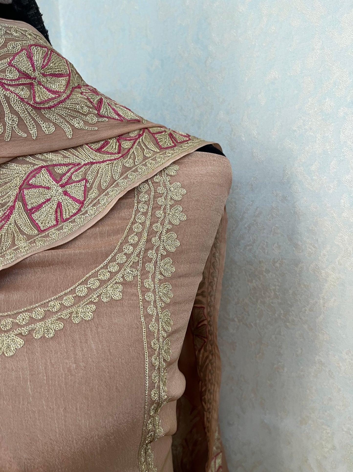 Peach Chinon 3 Pc Aari Embroidered Suit