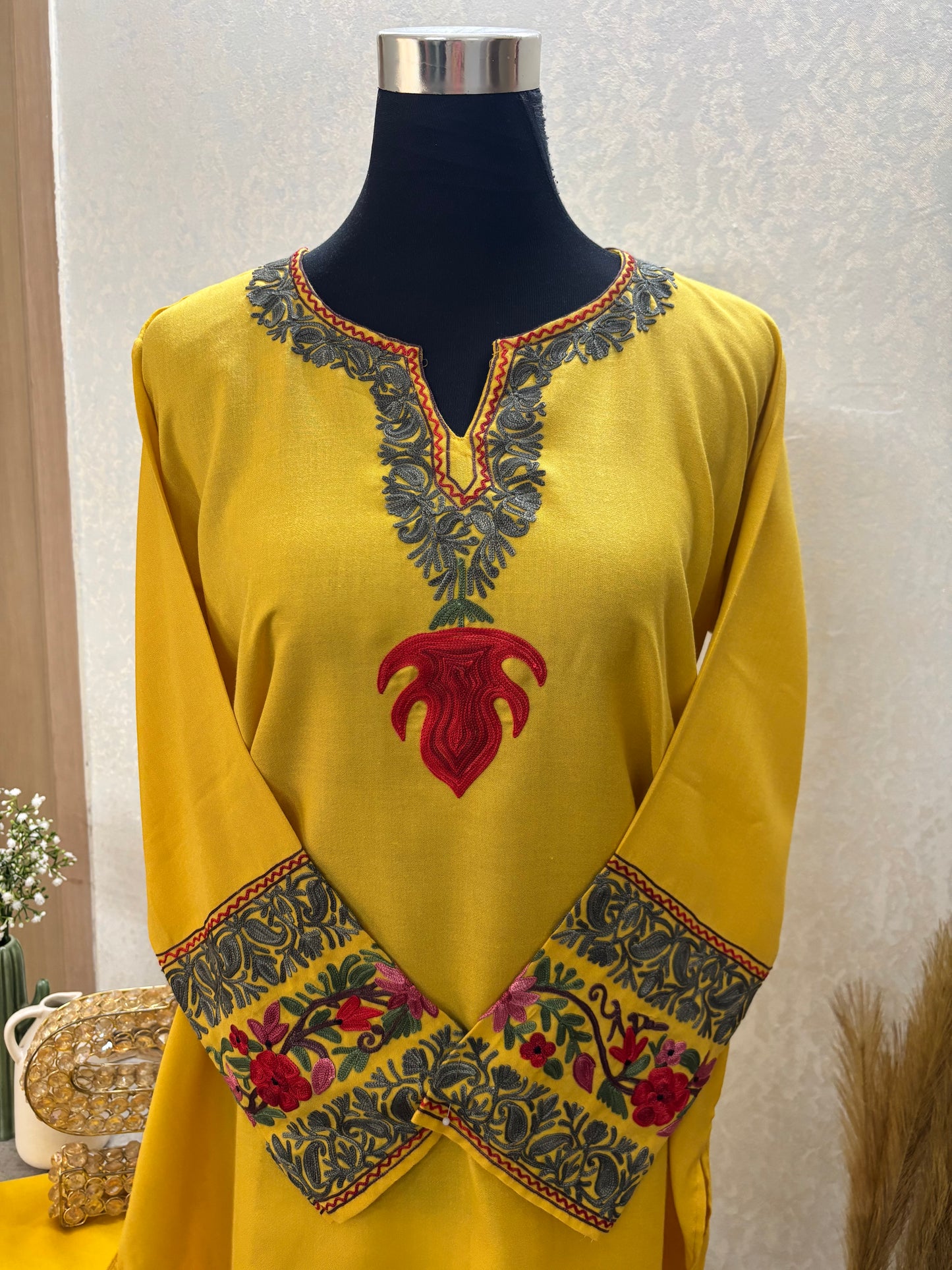 Yellow Cotton Embroidered Co-ord Set(42)