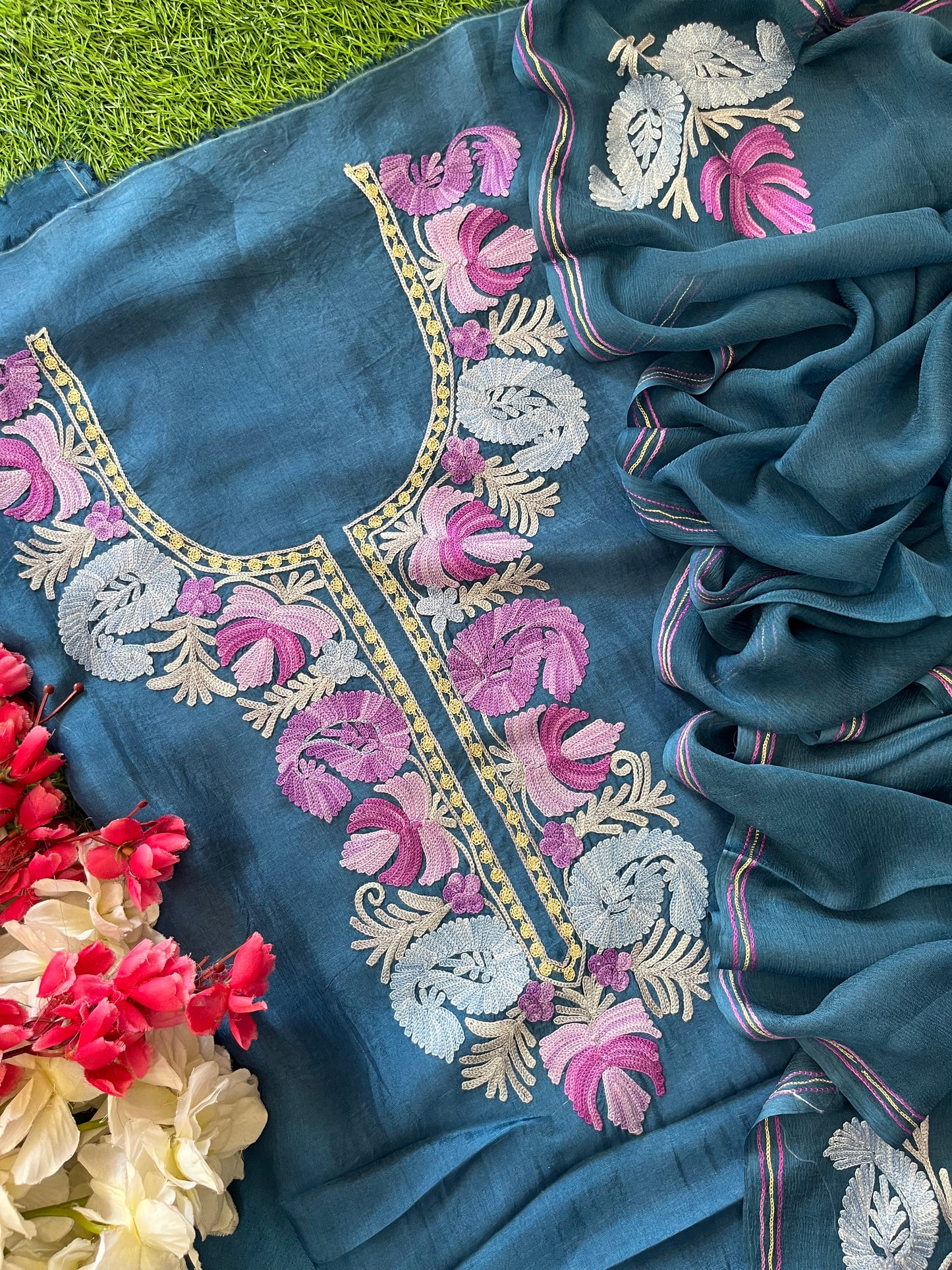 Blue Opada Silk Aari Embroidered Suit material