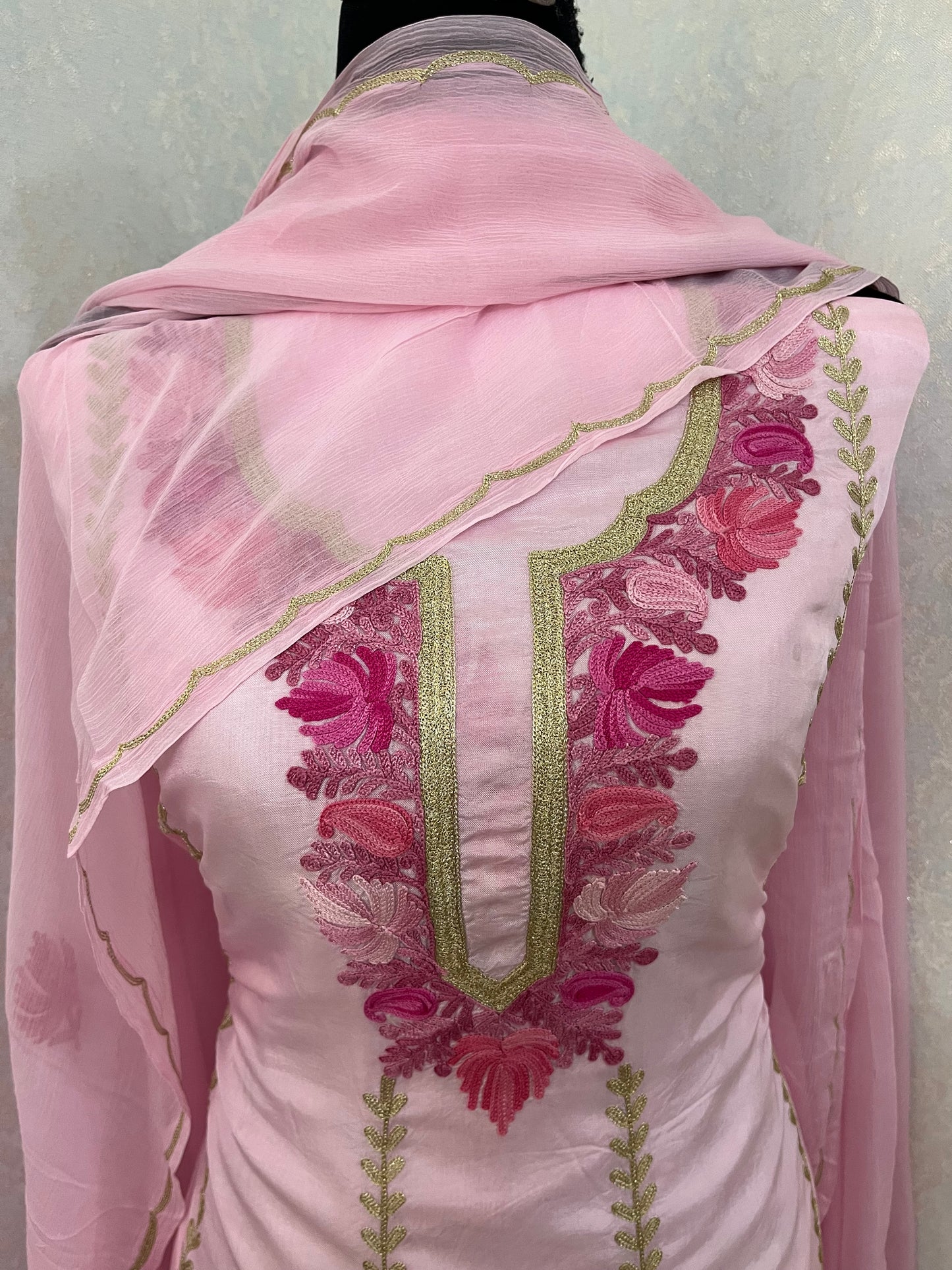 Sanam’ Soft Pink Silk Aari Embroidered Suit material