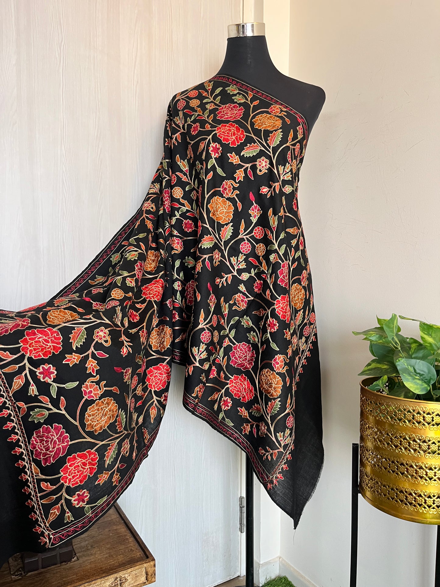 Black Pure Wool Silk Thread Embroidered stole