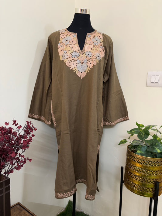 Beige Aari Embroidered Wool Pheran