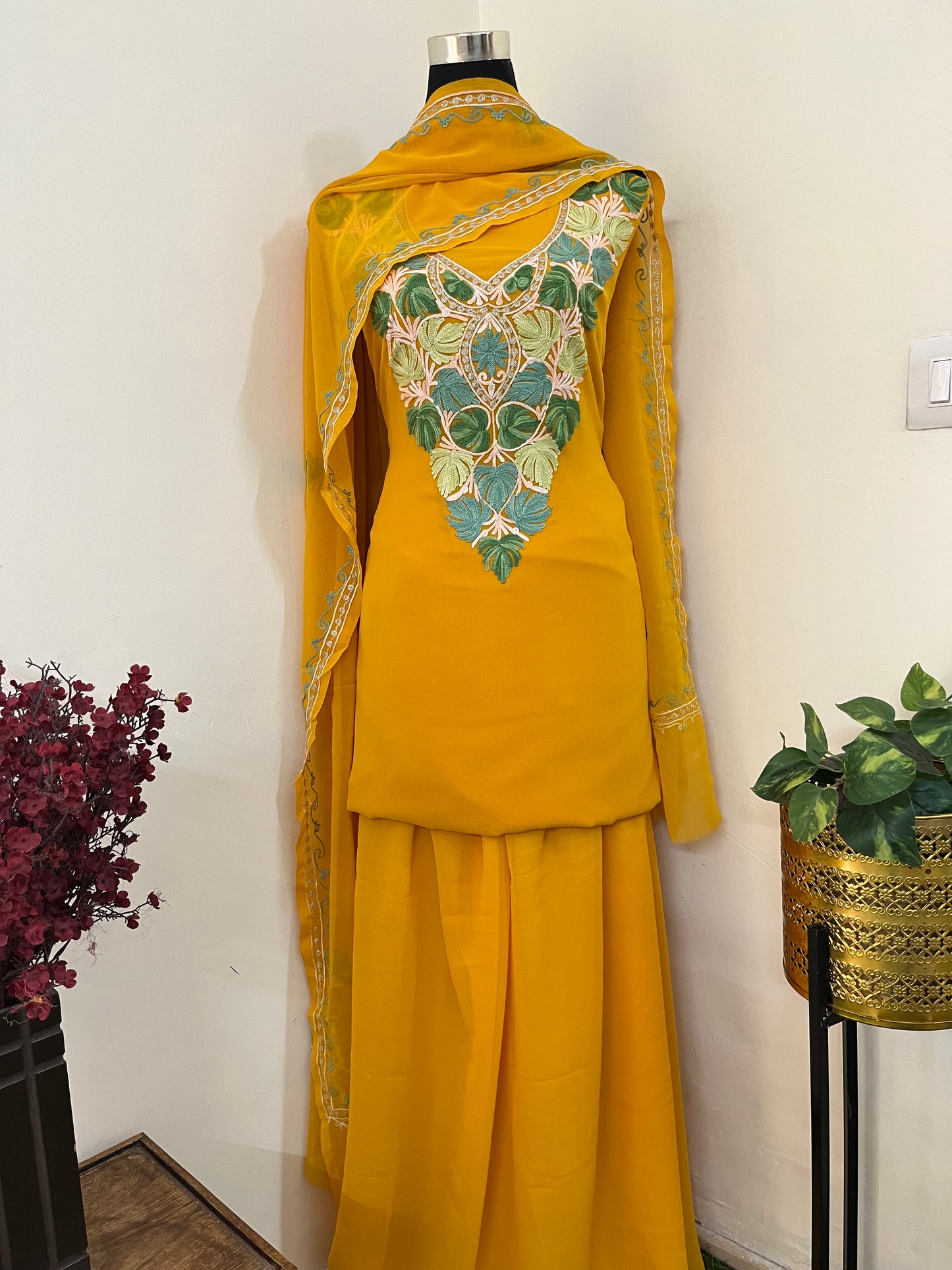 Mustard Georgette 3 Pc Aari Embroidered Suit Set