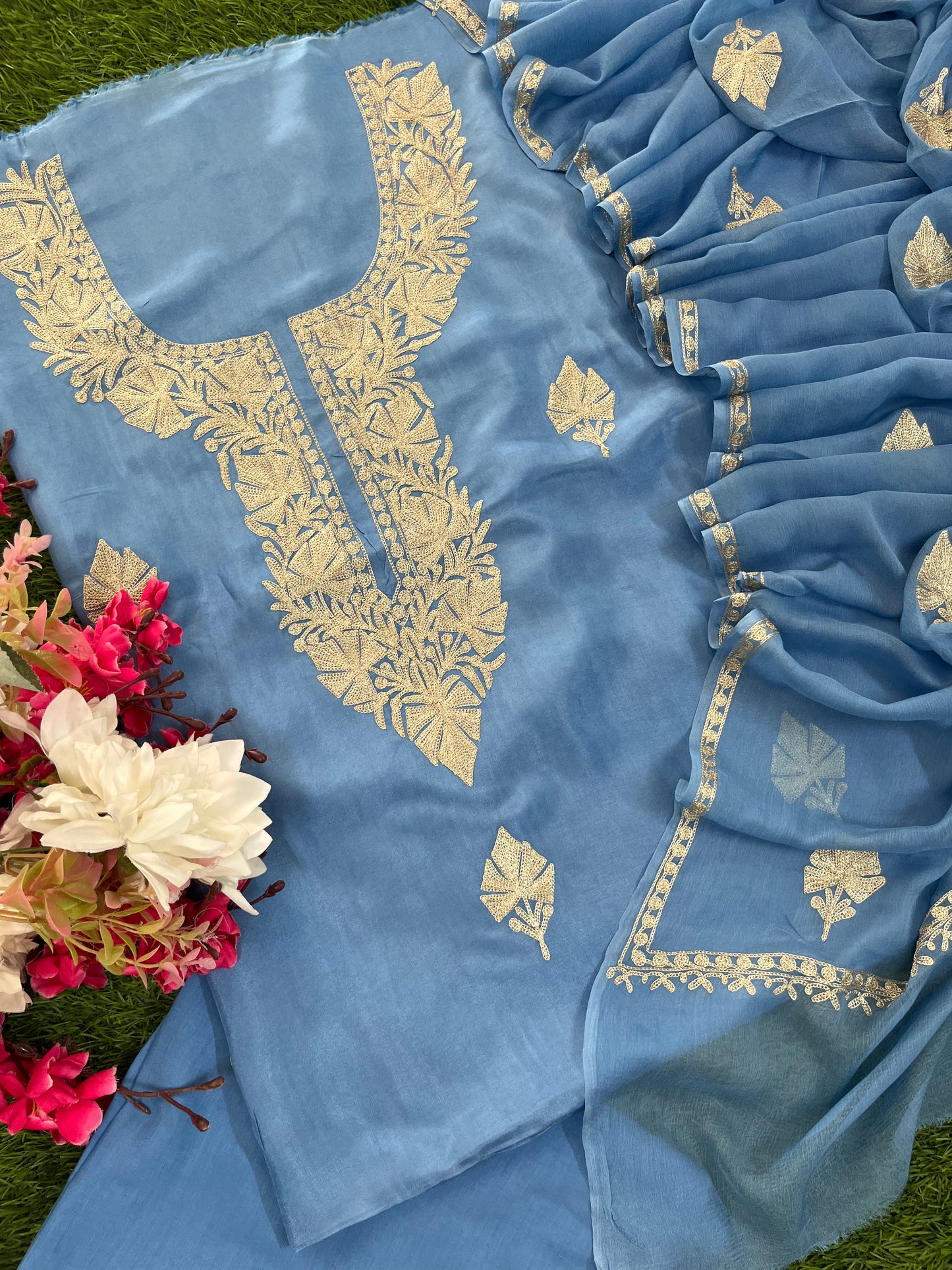 Soft Blue Silk Tilla Kashmiri Suit