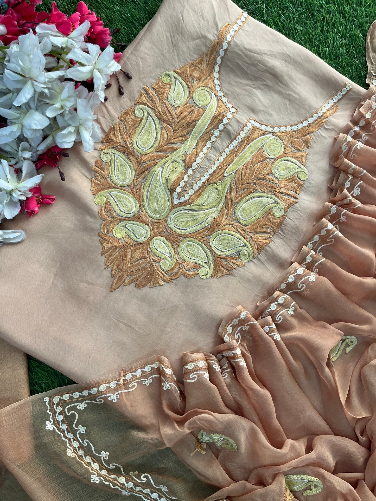 Beige Opada Silk Kashmiri Suit