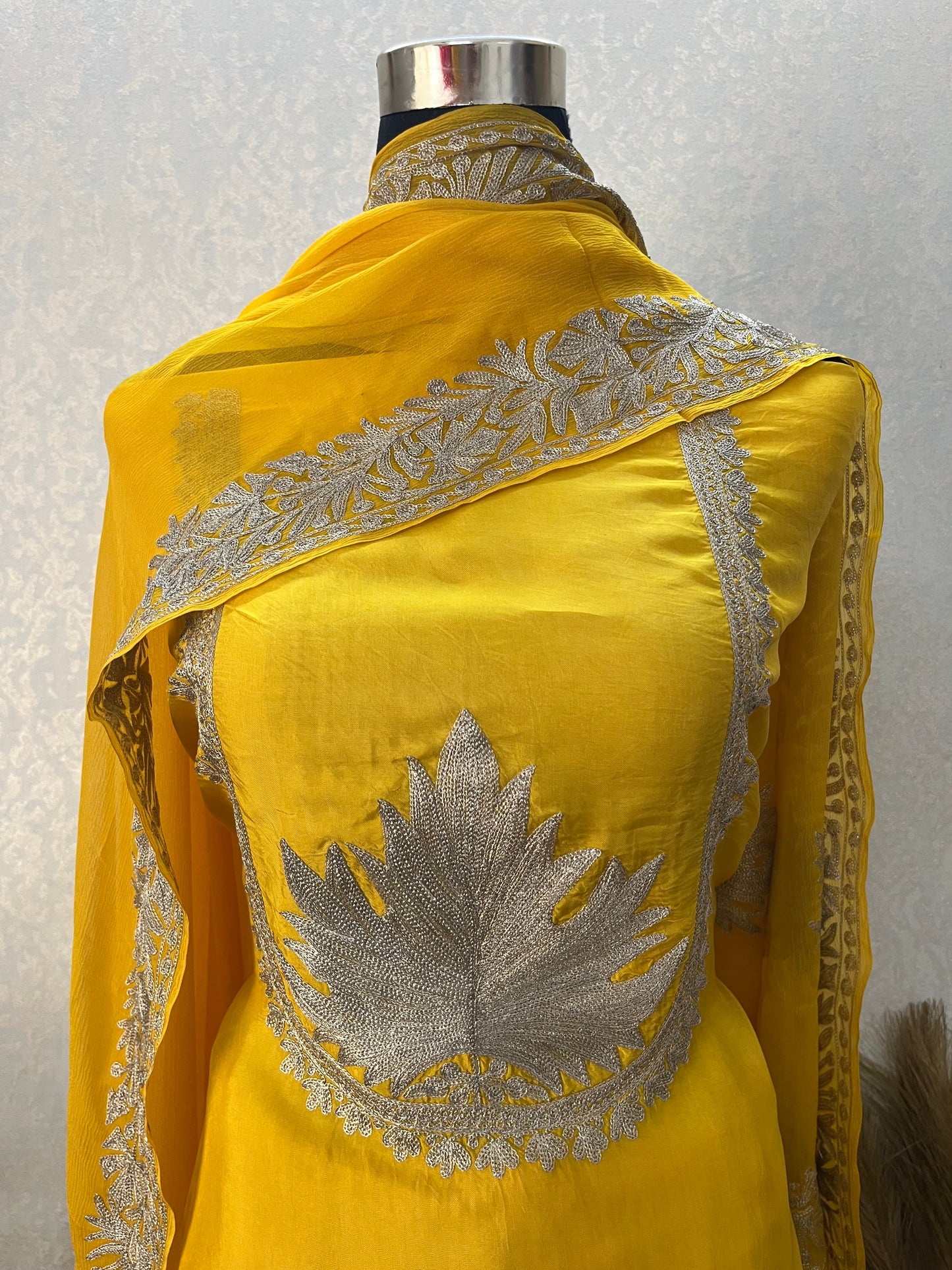 Golden Yellow Sanam’ Tilla Kashmiri Silk Suit