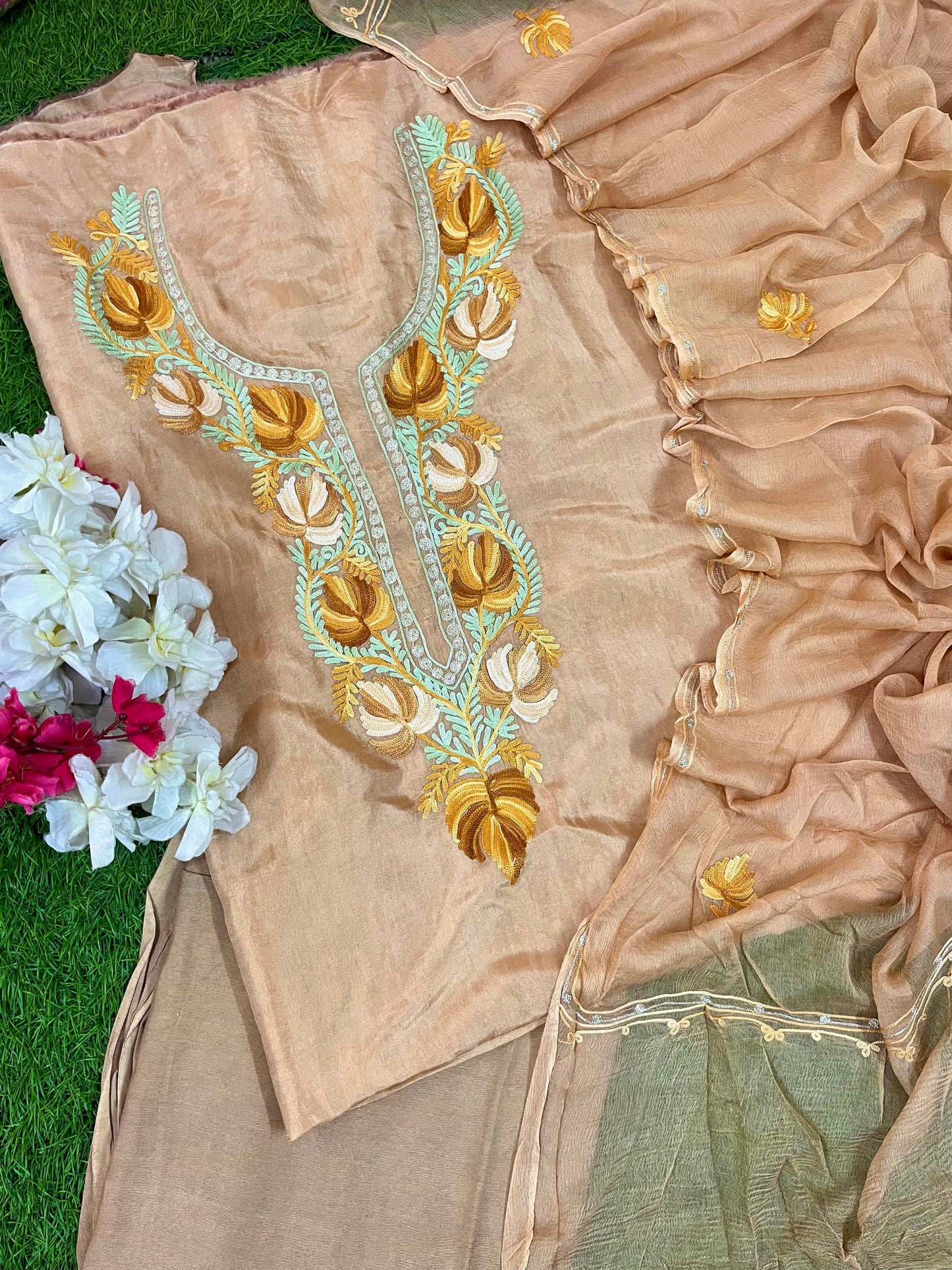 Tea Brown  Opada Silk Aari Embroidered Suit material