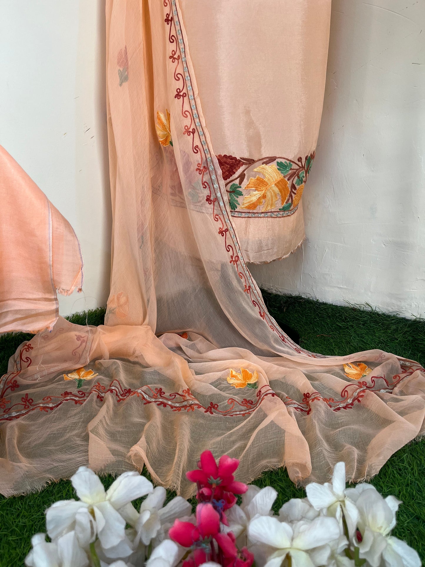 Peach Opada Silk Aari Embroidered Suit material