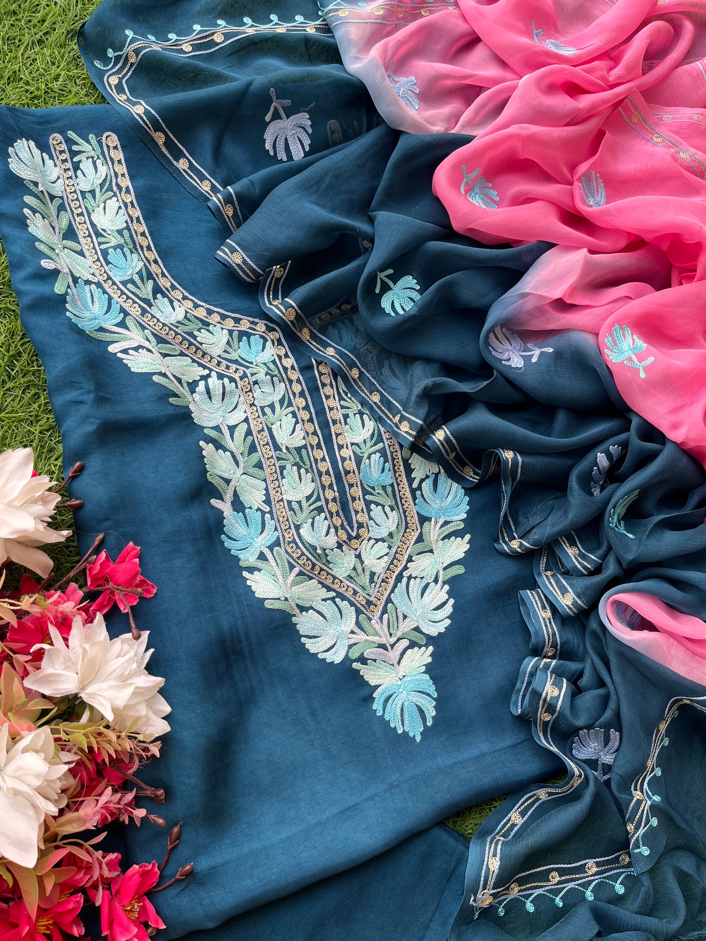 Blue Opada Silk Kashmiri Suit