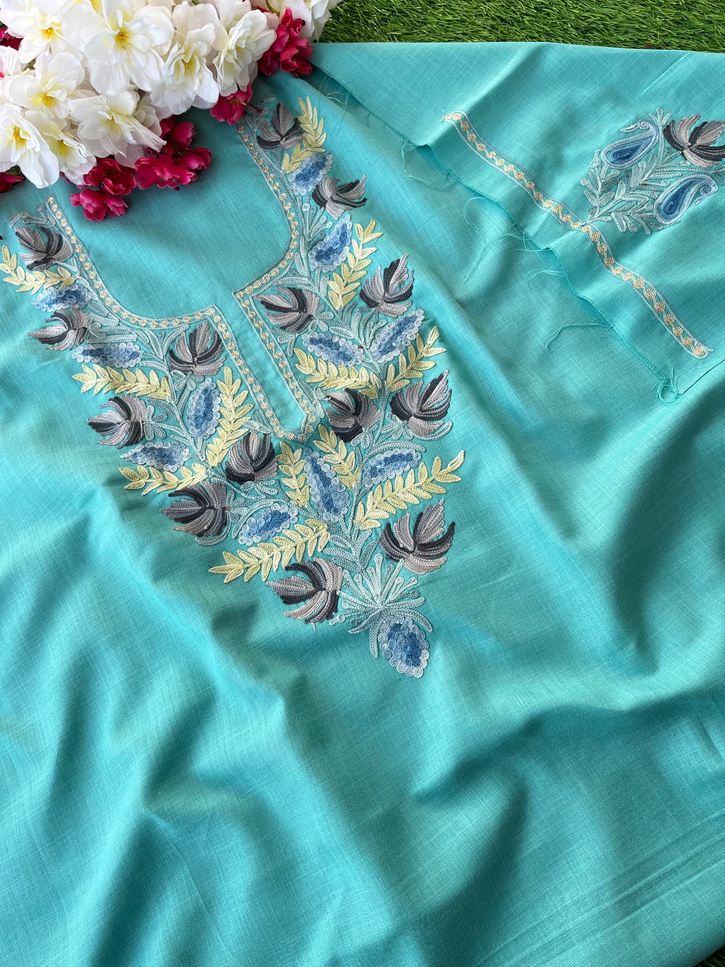 Sky Blue Cotton Unstitched Aari Work Kurti