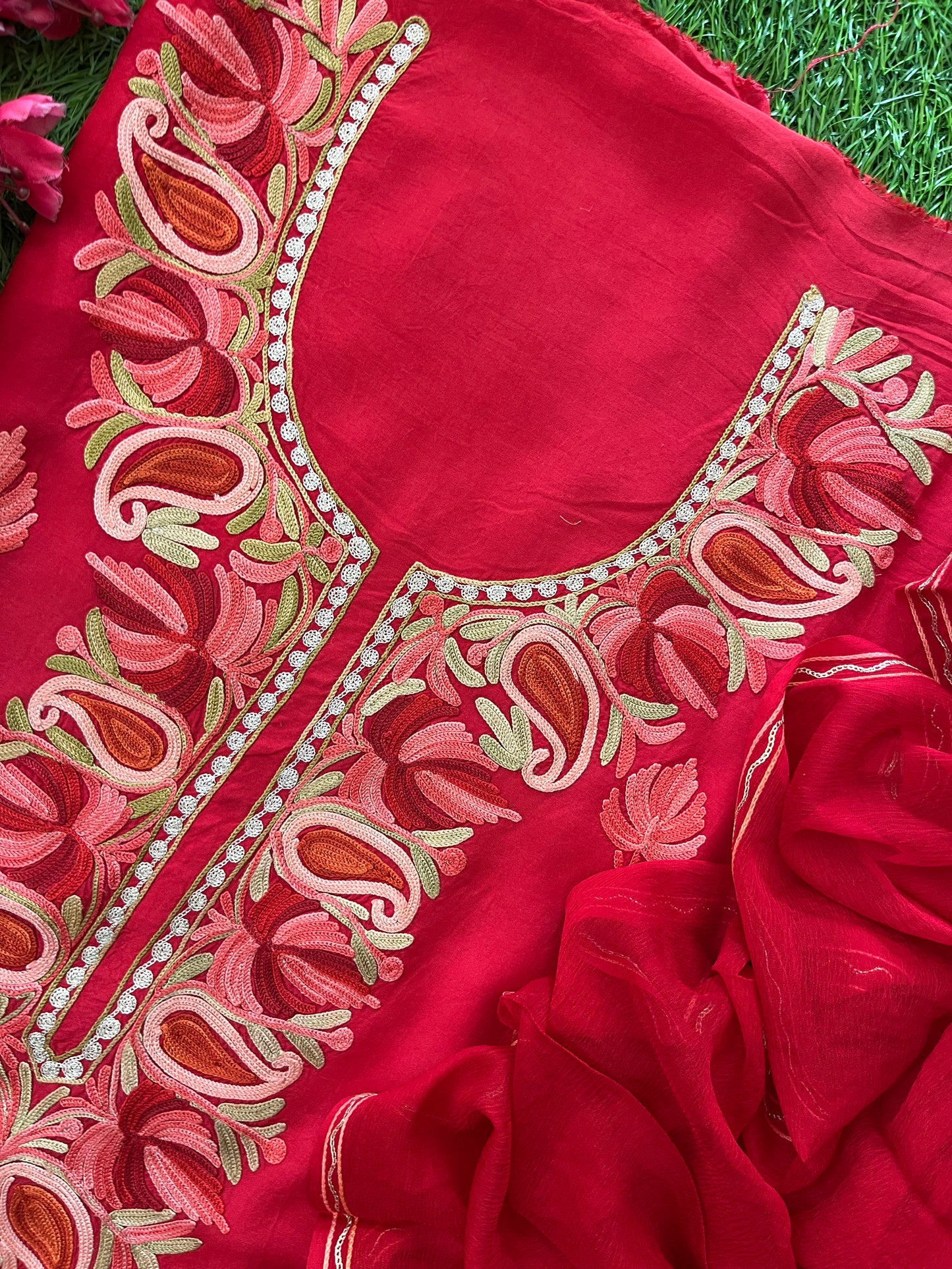 Red Opada Silk Aari Embroidered Suit material