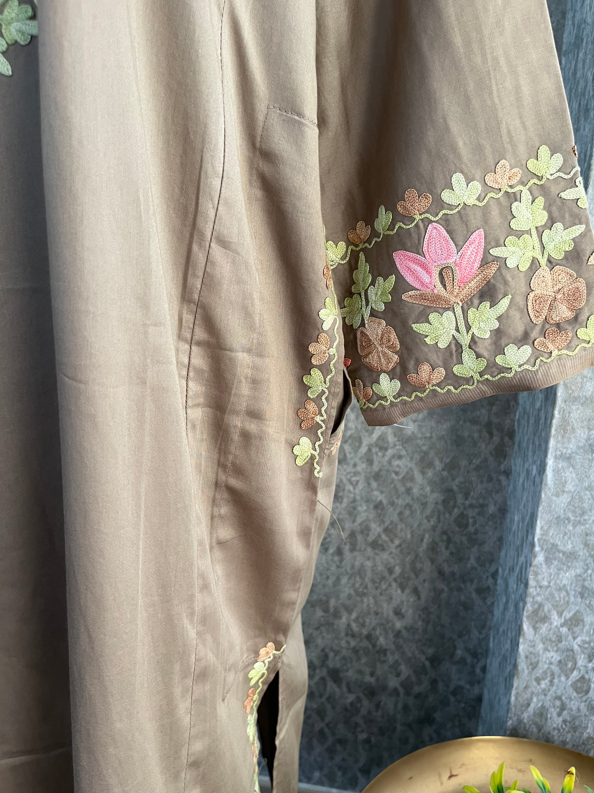 Beige Cotton Front Jaal Pheran Set  Size(44)