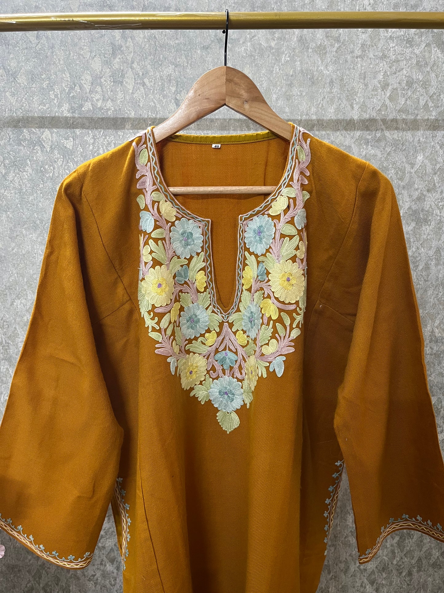 Mustard Yellow Aari Embroidered Wool Pheran