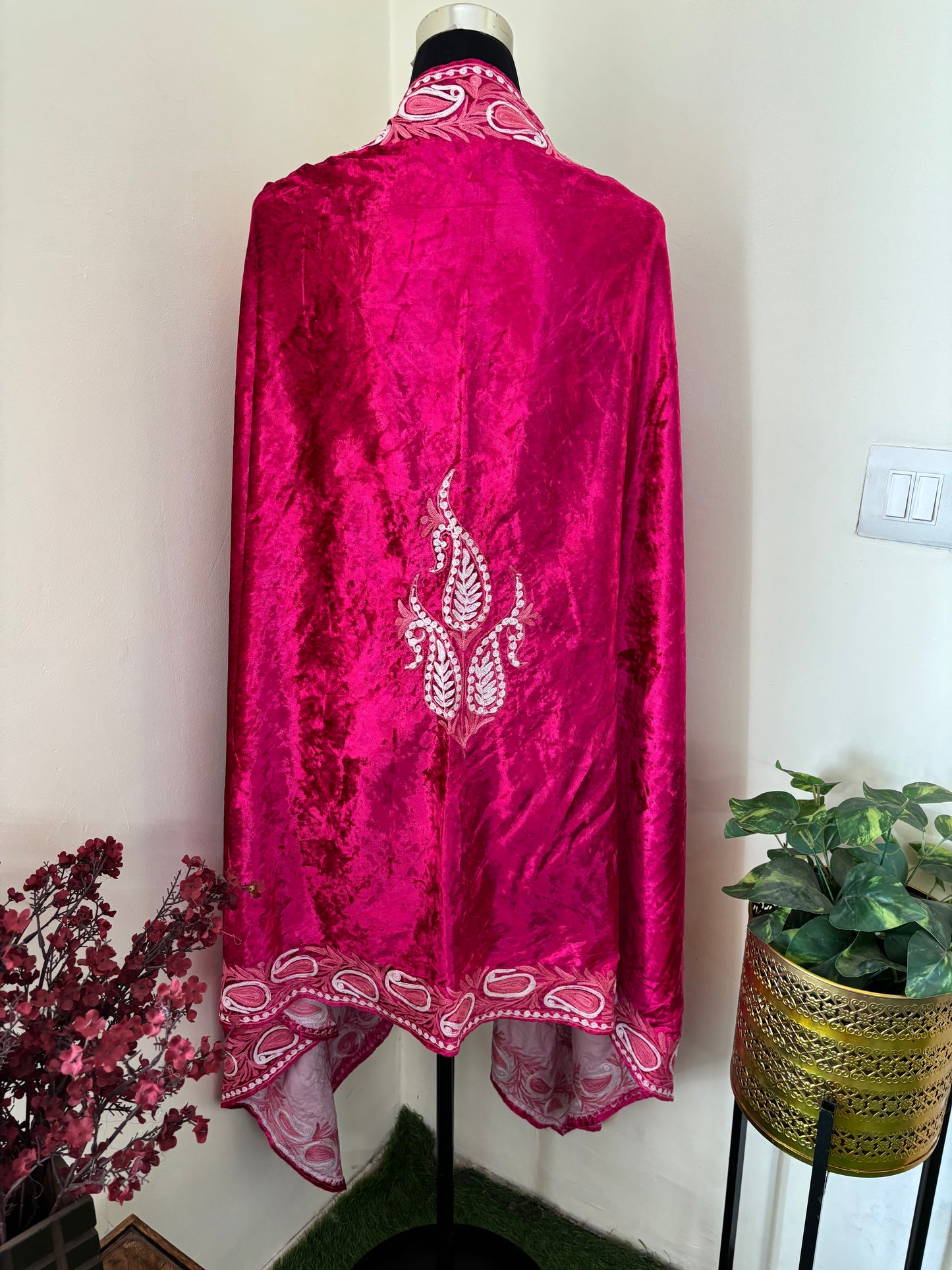 Hot Pink Aari Embroidered Makhmal Cape