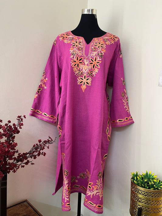 Rose Pink Aari Embroidered Wool Pheran