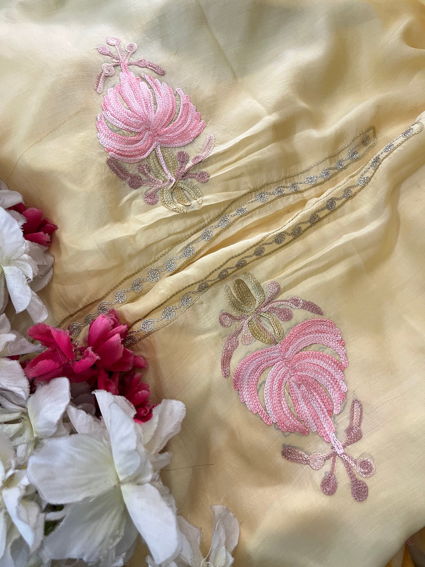 Lemon Yellow Mul Cotton Shibori Work Kashmiri 3pc Suit