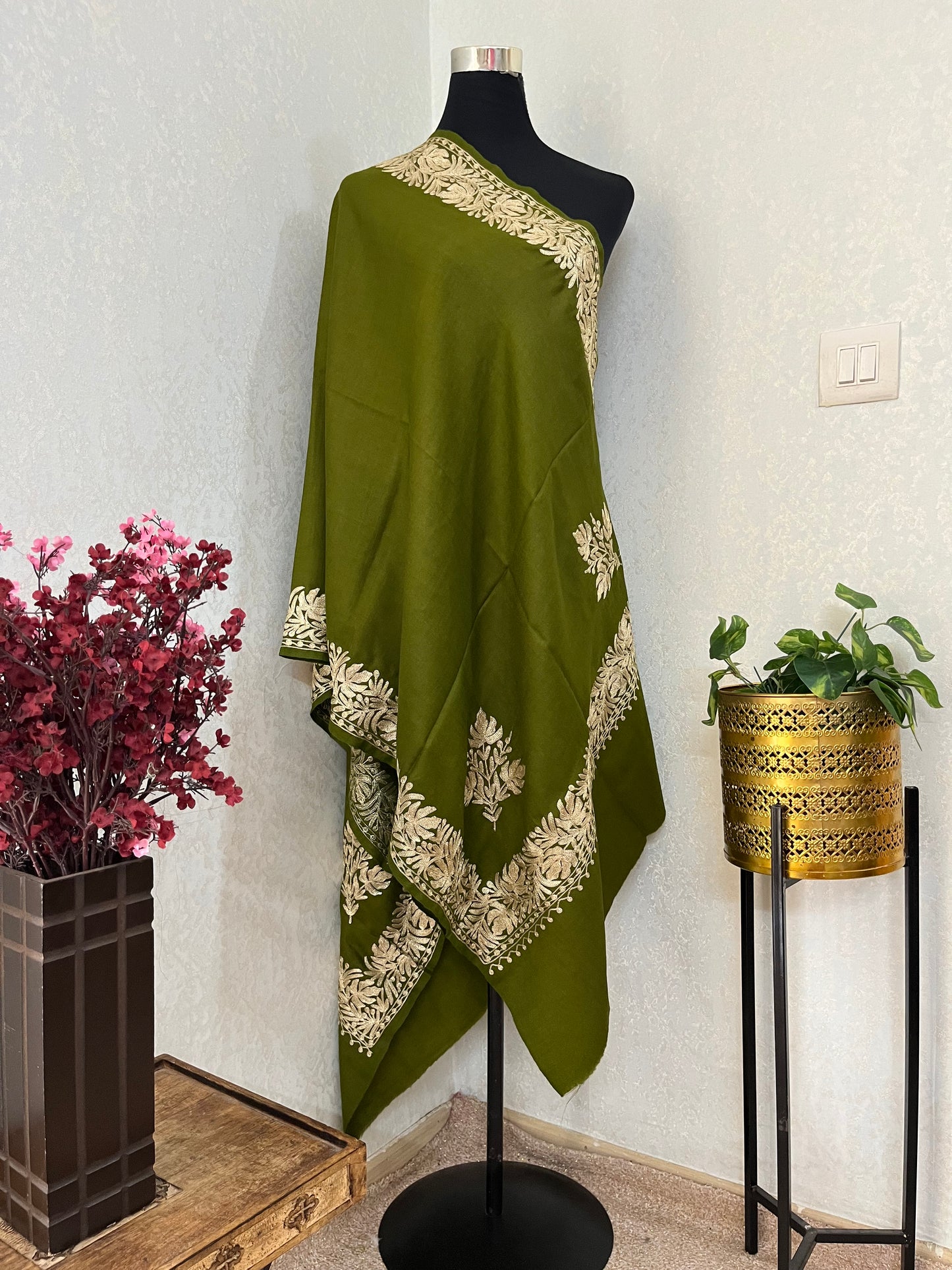 Army Green Semi Pashmina Tilla Embroidered stole