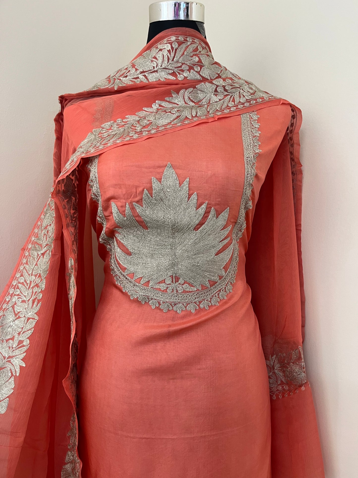 Sanam’ Peach Tilla Embroidered Suit material