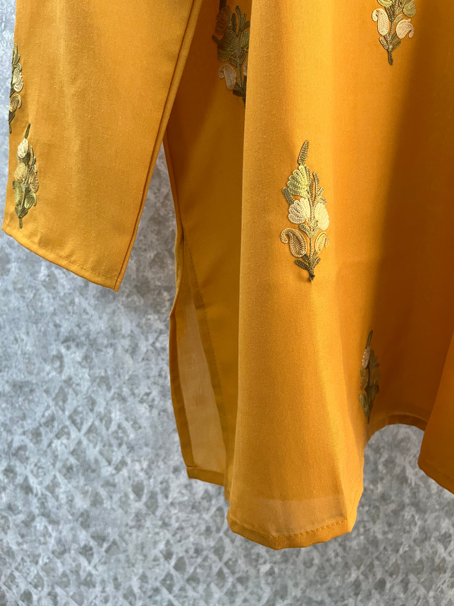Golden Yellow Cotton Aari Work Kurti
