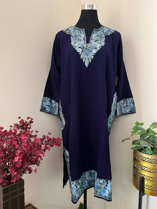 Navy Blue Aari Embroidered Wool Pheran