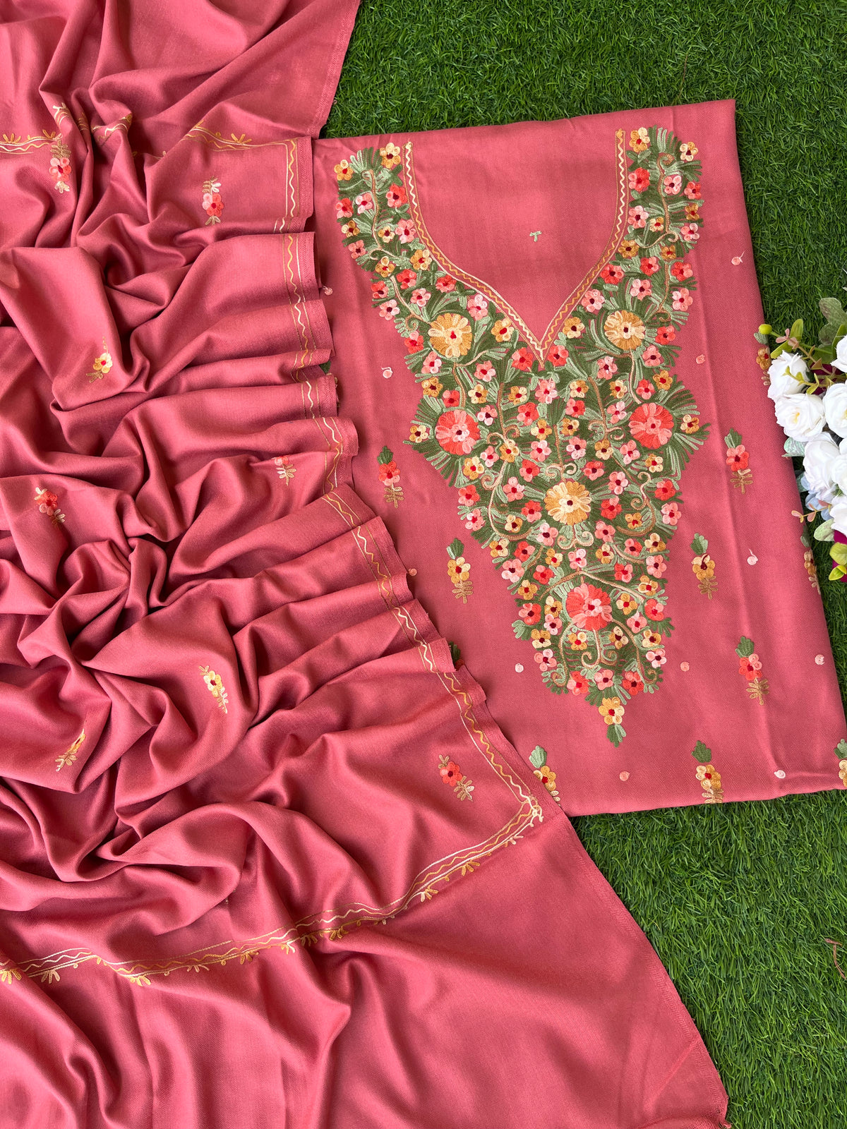 Pink Woollen Aari Embroidered 3pc suit