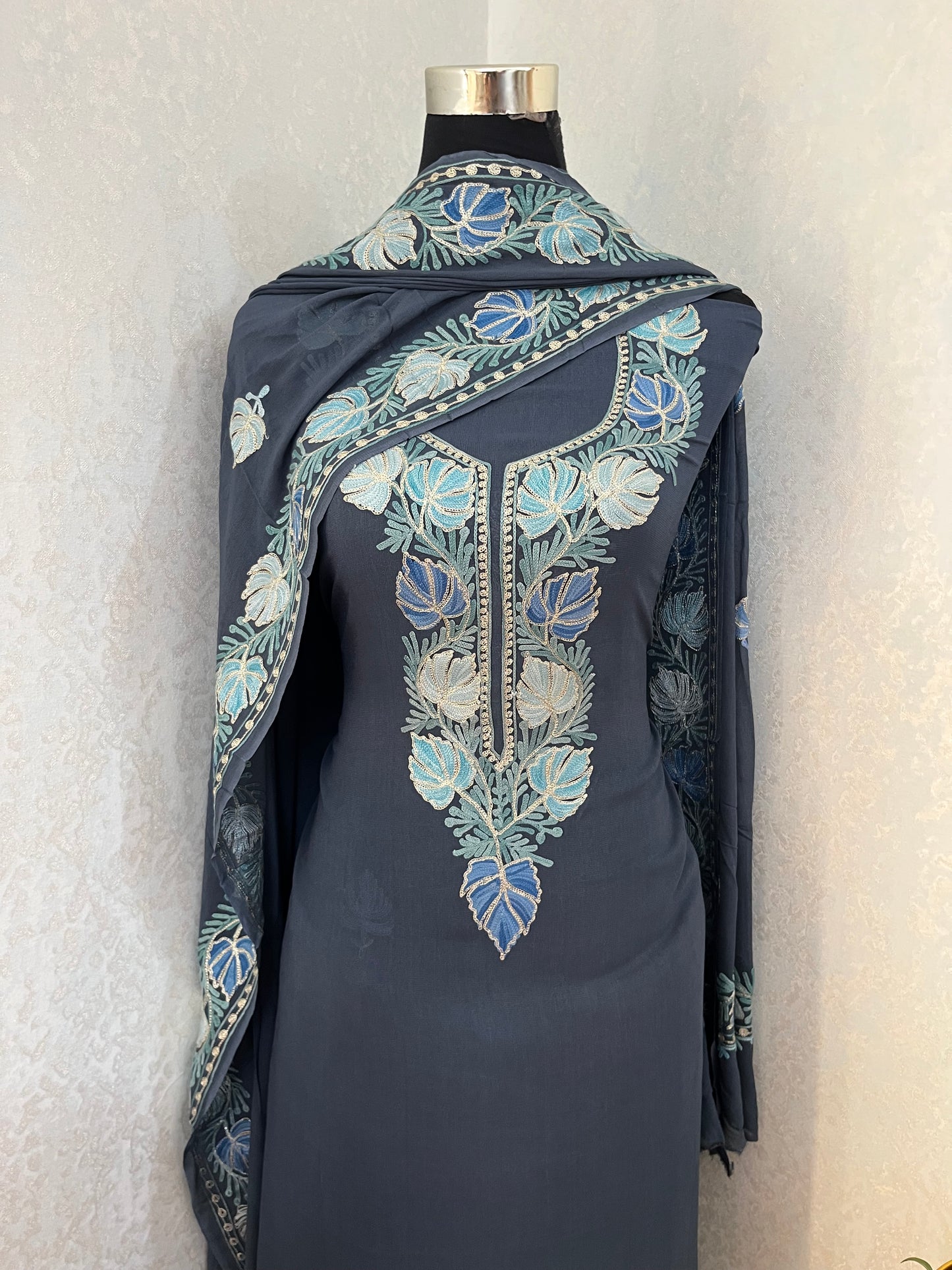 Grey Pure Georgette Kashmiri Suit