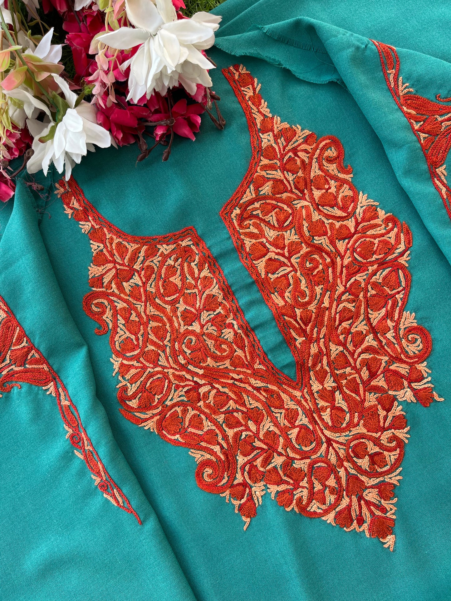 Green Cotton Two Piece Suit (Hand Embroidered)