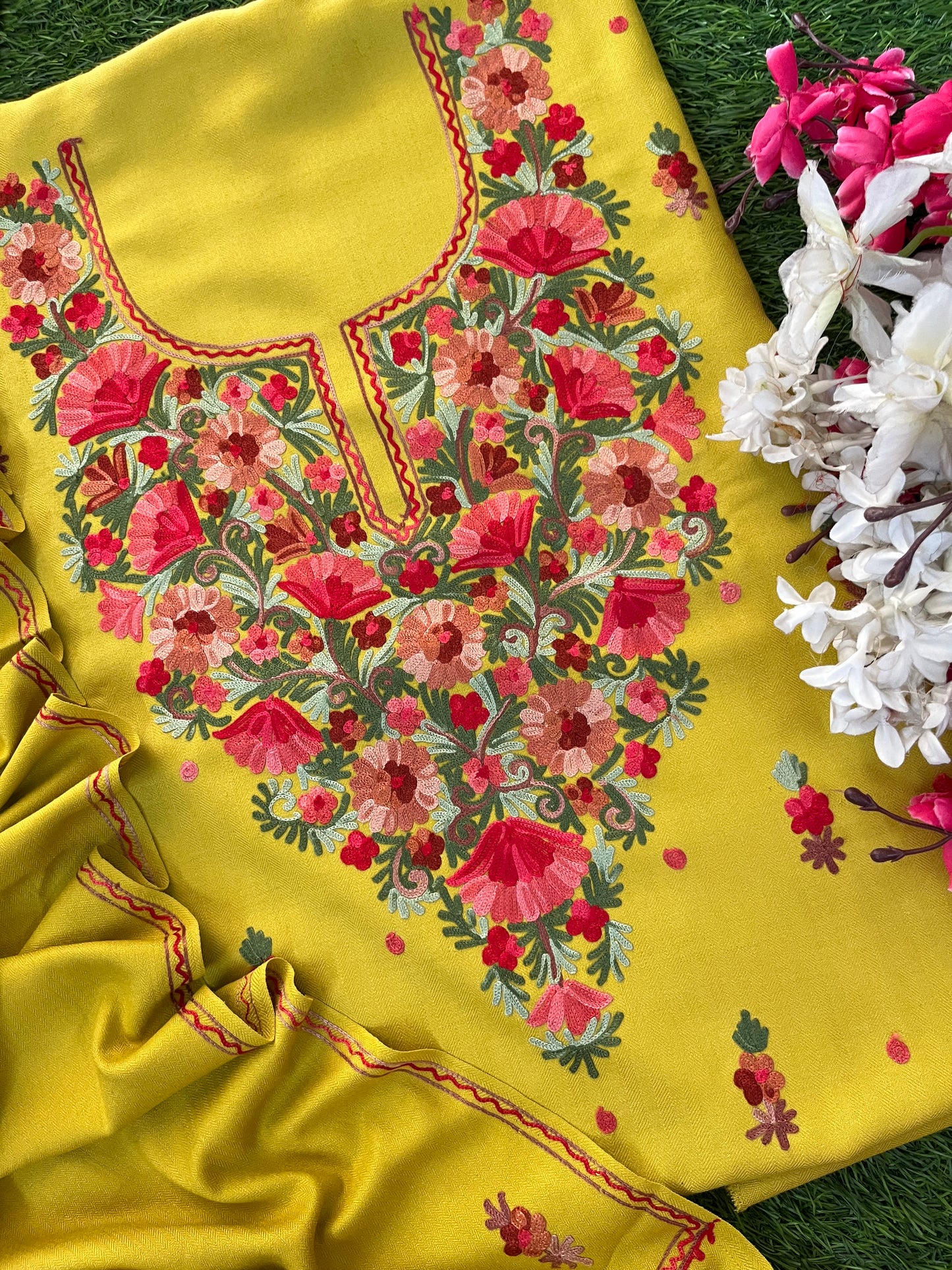 Lemon Green Woollen Aari Embroidered 3pc suit