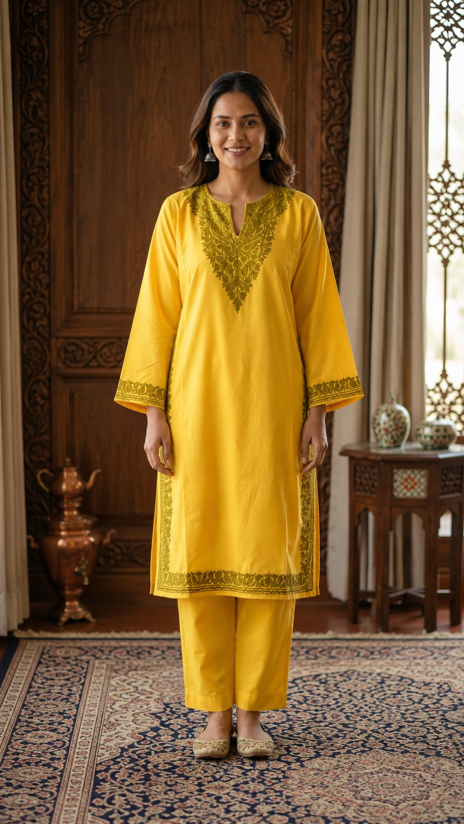 Yellow Cotton Pheran Set (Free Size)
