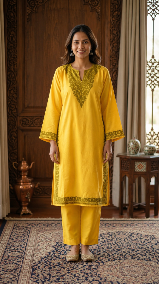 Yellow Cotton Pheran Set (Free Size)