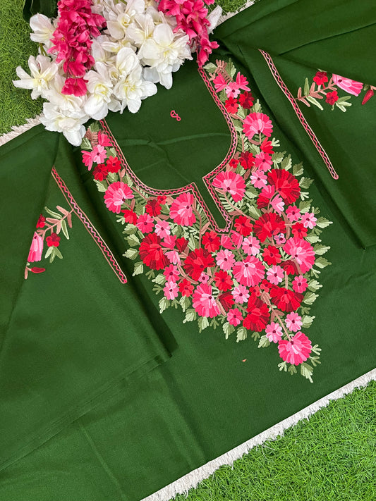 Henna Green Woollen Aari Embroidered 2pc suit 5mtr