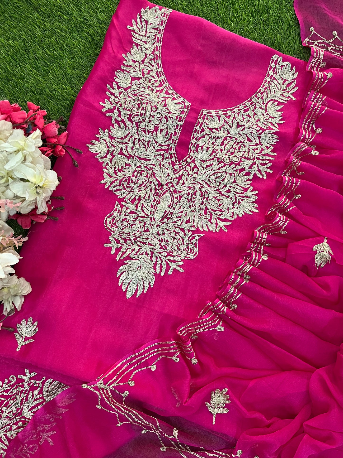 Hot Pink Silk Tilla Kashmiri Suit