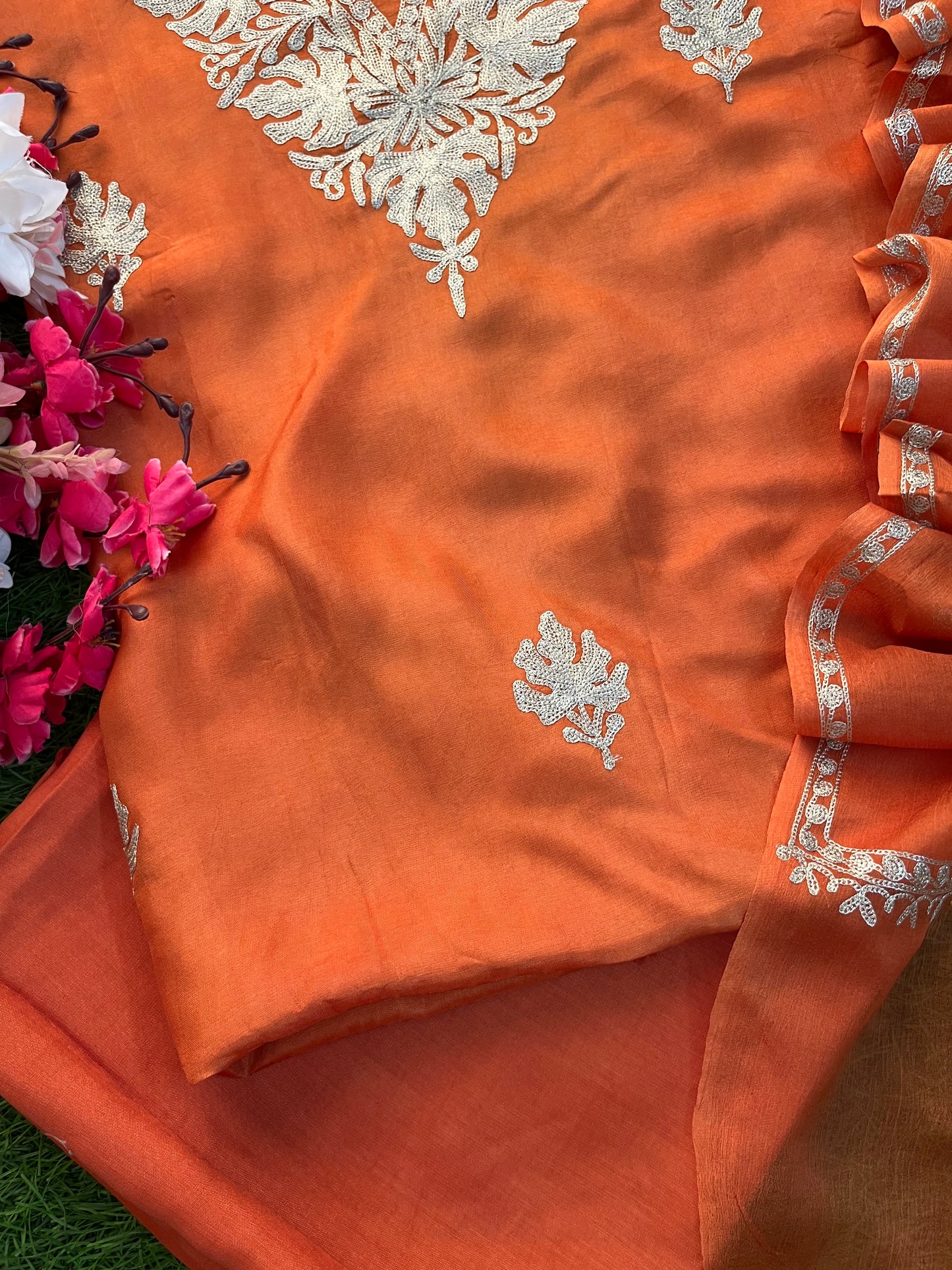 Soft Orange Sanam’ Silk Tilla Kashmiri Suit