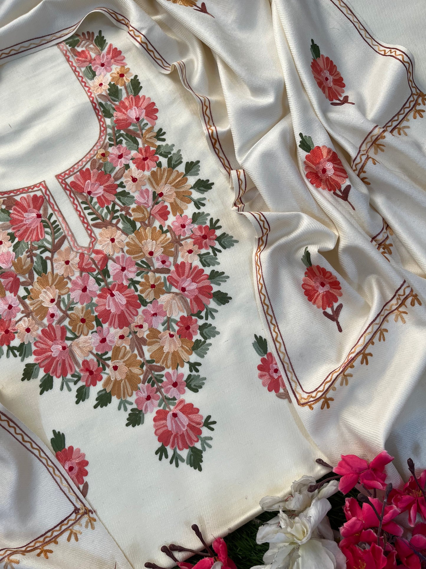 Off White Woollen Aari Embroidered 3pc suit