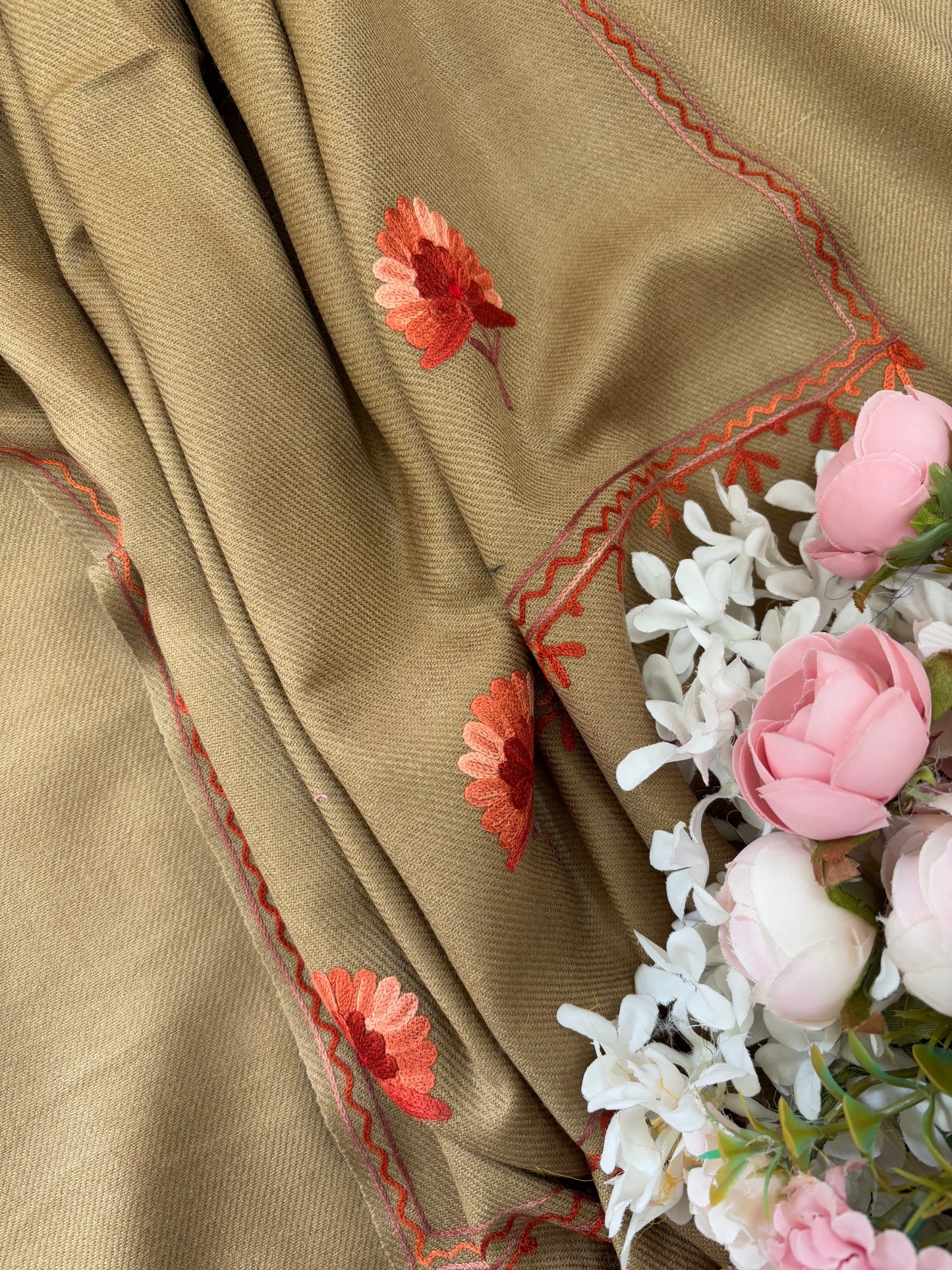 Beige Woollen Aari Embroidered 3pc suit