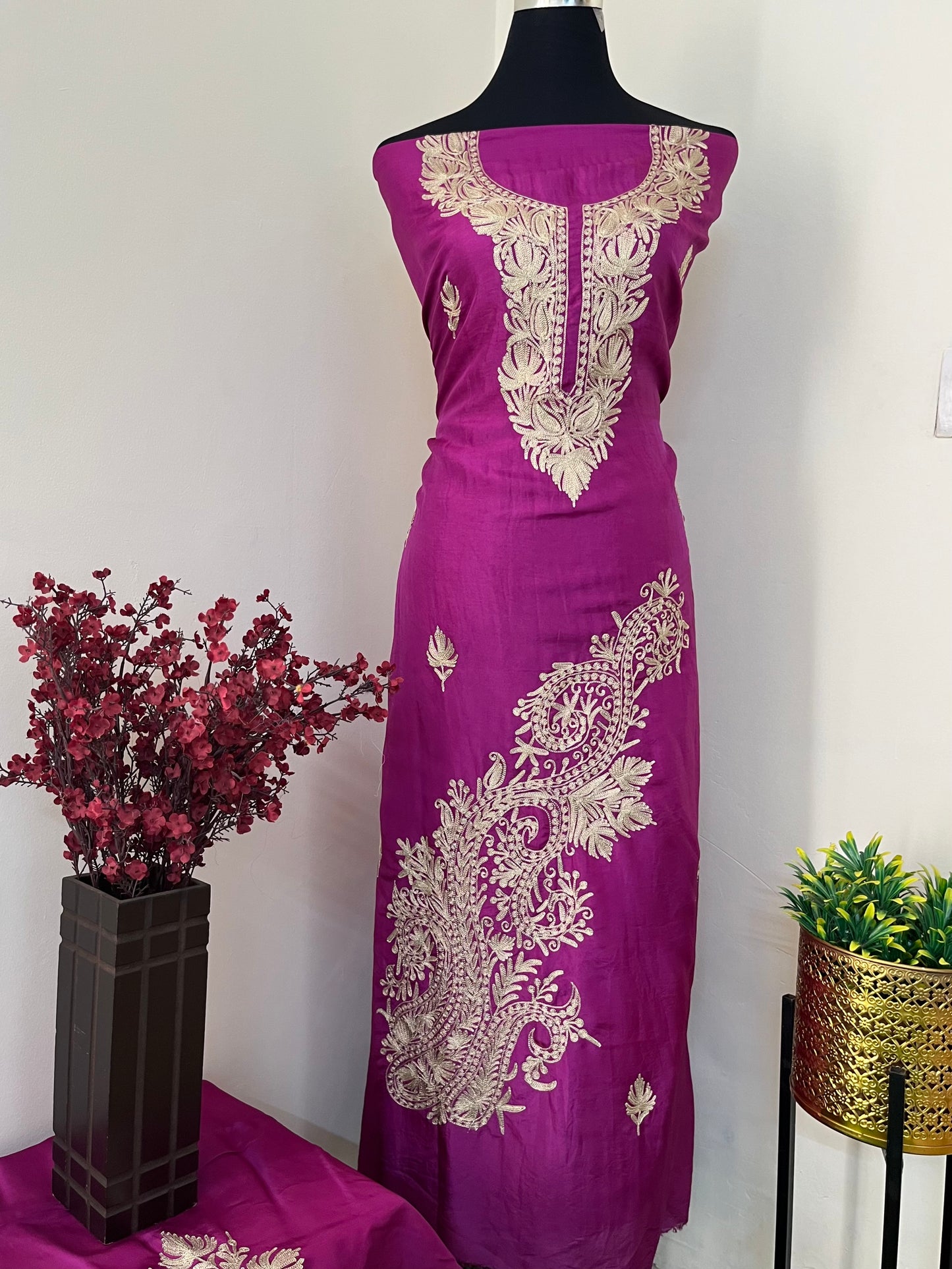 Wine Tilla Embroidered Suit material